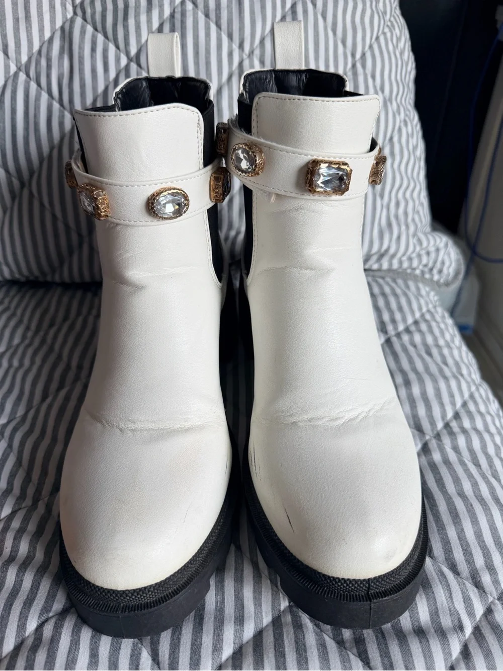 Sugar White Chelsea Ankle Boots with Jeweled Strap